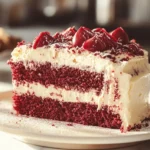 Gluten-free red velvet cake with cream cheese frosting and decorative sprinkles