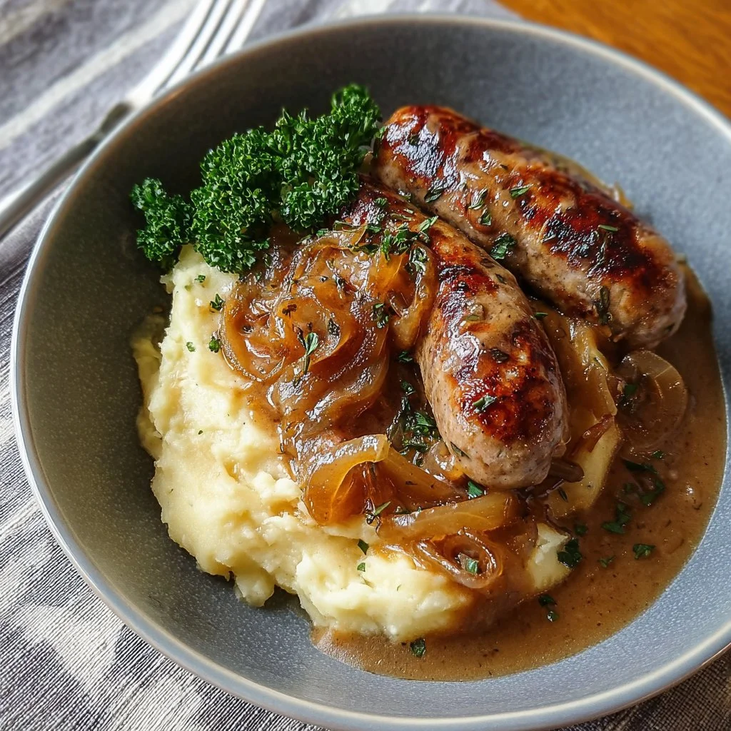 Gordon Ramsay's sausage onion gravy recipe served with mashed potatoes