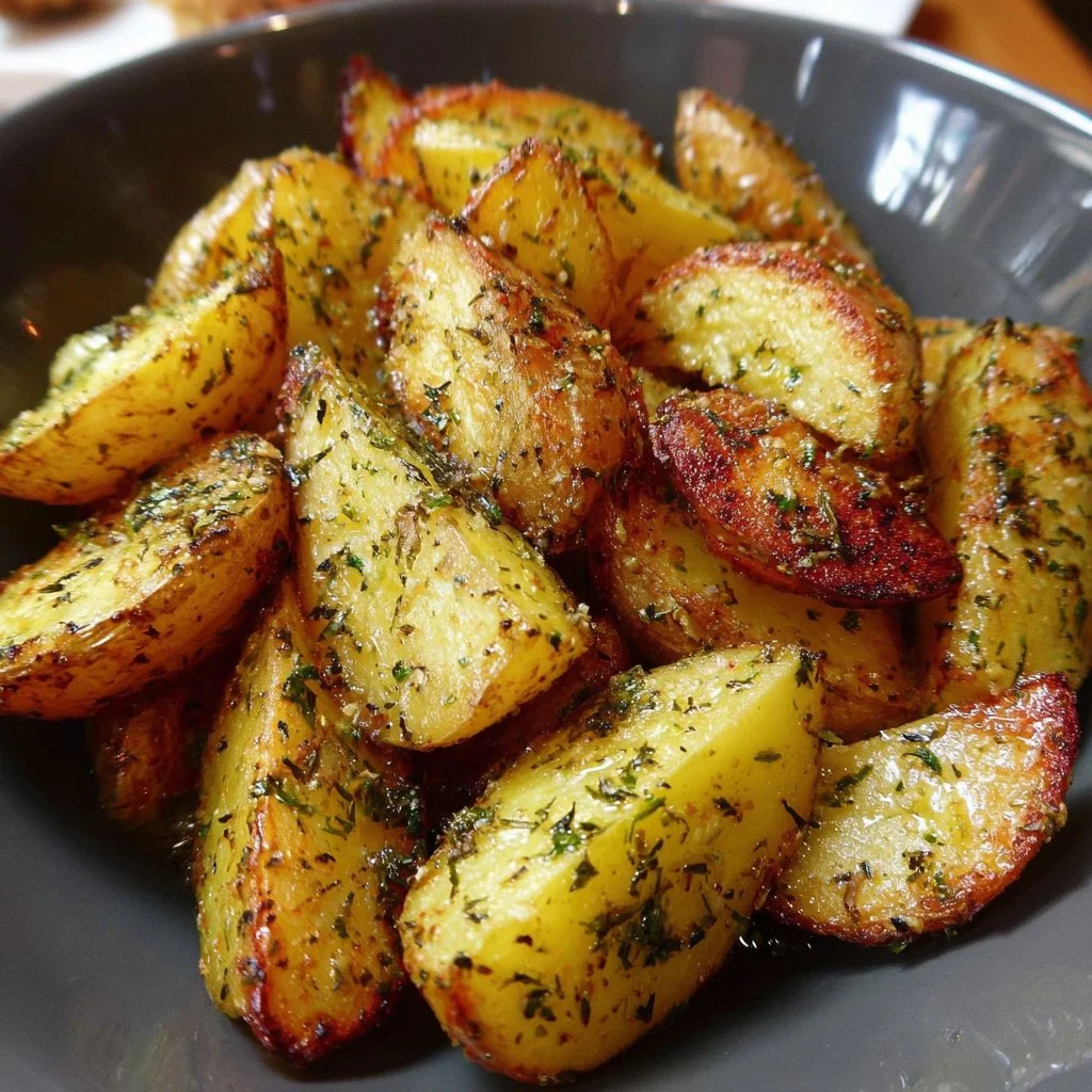 Plate of Greek-Style lemon potatoes garnished with herbs