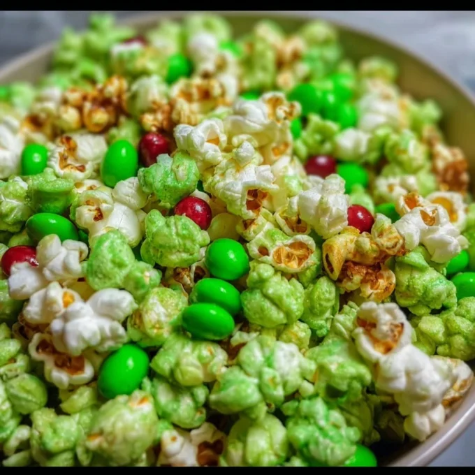 Colorful Grinch Popcorn Mix in a festive bowl ready for holiday celebrations