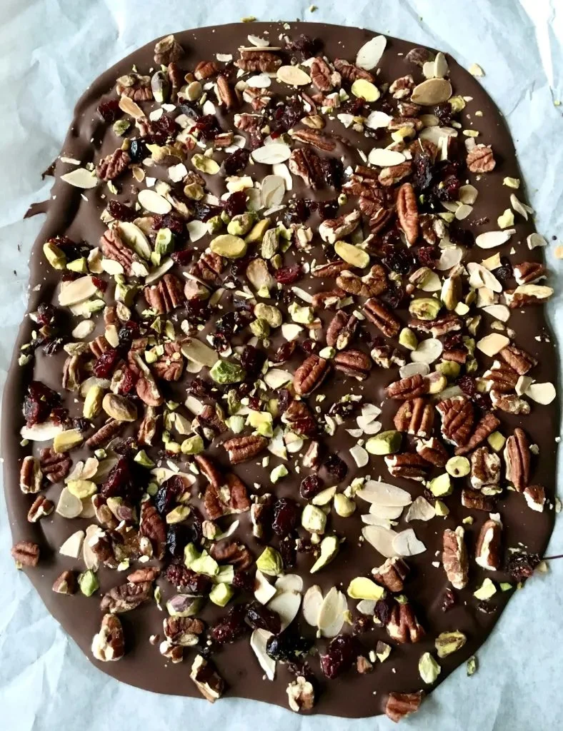 Nutty chocolate bark with assorted nuts and chocolate drizzles