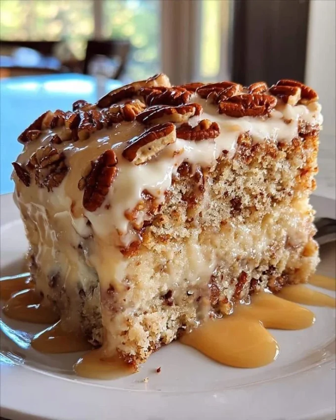 Homemade pecan cake topped with chopped pecans and frosting
