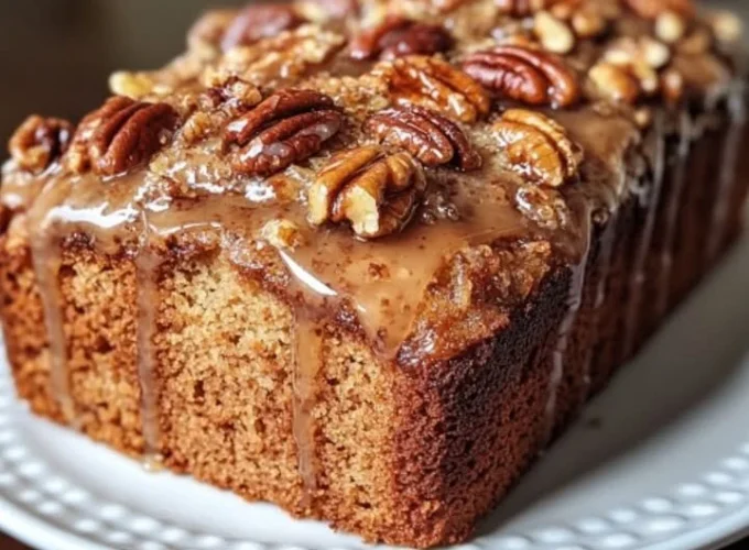 Pecan Coffee Cake Loaf with Glaze on a plate