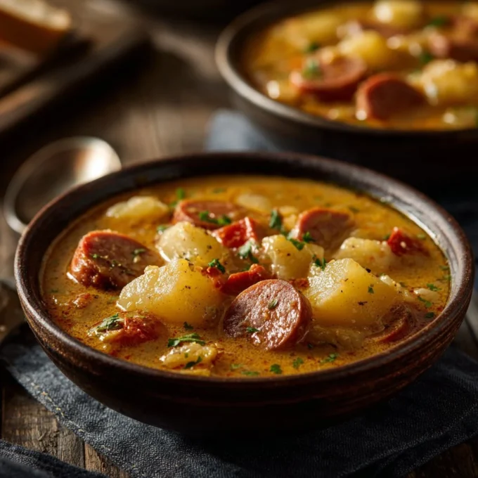 Bowl of spicy Cajun Potato Soup garnished with green onions and herbs