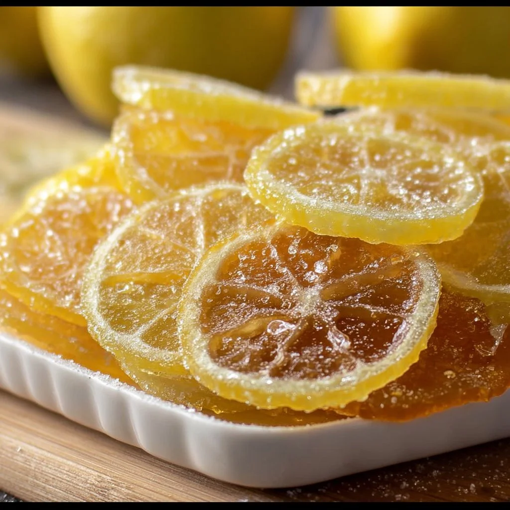 Delicious homemade candied lemon slices on a wooden board.
