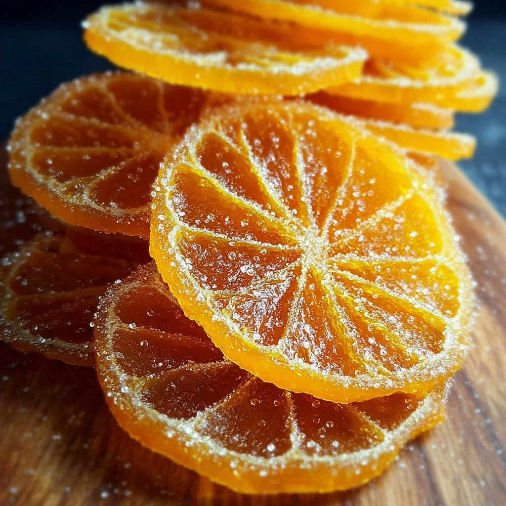 A plate of beautifully arranged candied oranges with a glossy finish.