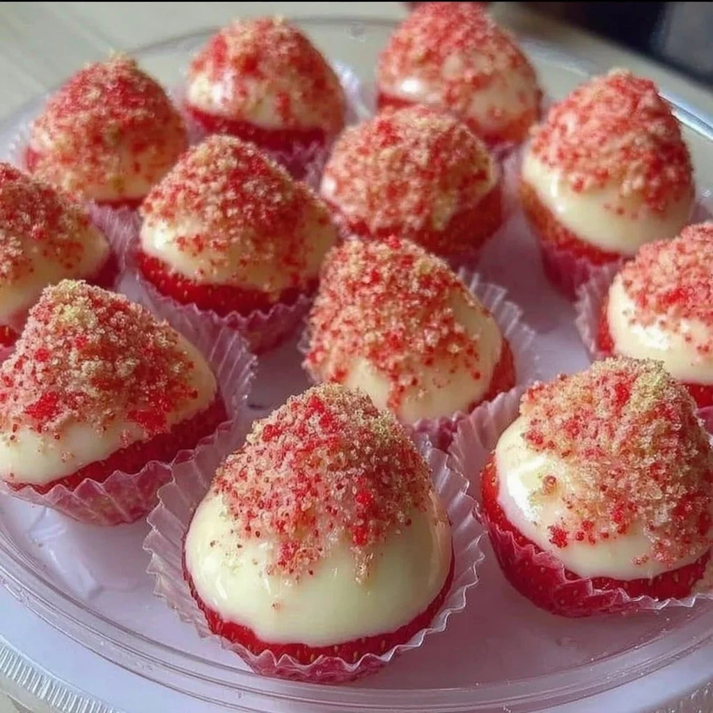 Cheesecake Deviled Strawberries topped with cream and garnished for a delicious dessert