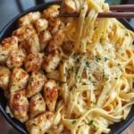 Garlic Butter Chicken Bites served with creamy Parmesan Fettuccine.