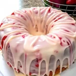 Slice of homemade strawberry cream cheese pound cake with fresh strawberries on top.