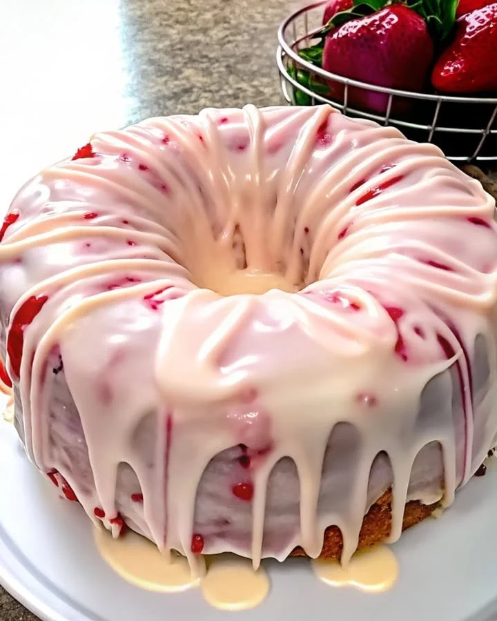 Slice of homemade strawberry cream cheese pound cake with fresh strawberries on top.