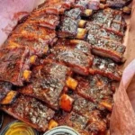 Delicious barbecue ribs served with coleslaw and baked beans.