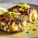 Plate of homemade crab cakes served with dipping sauce.