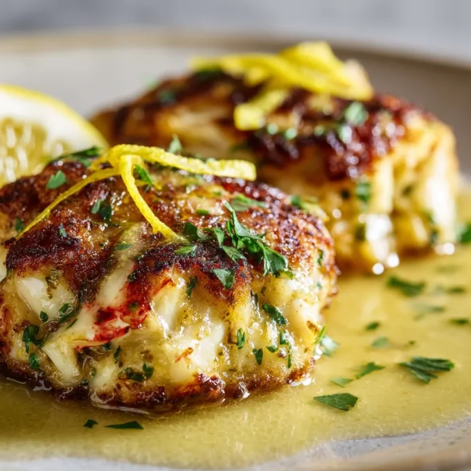 Delicious homemade crab cakes served with lemon and herbs