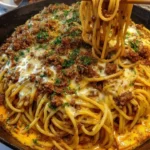 Creamy Cajun Beef Spaghetti topped with triple cheese parmesan sauce