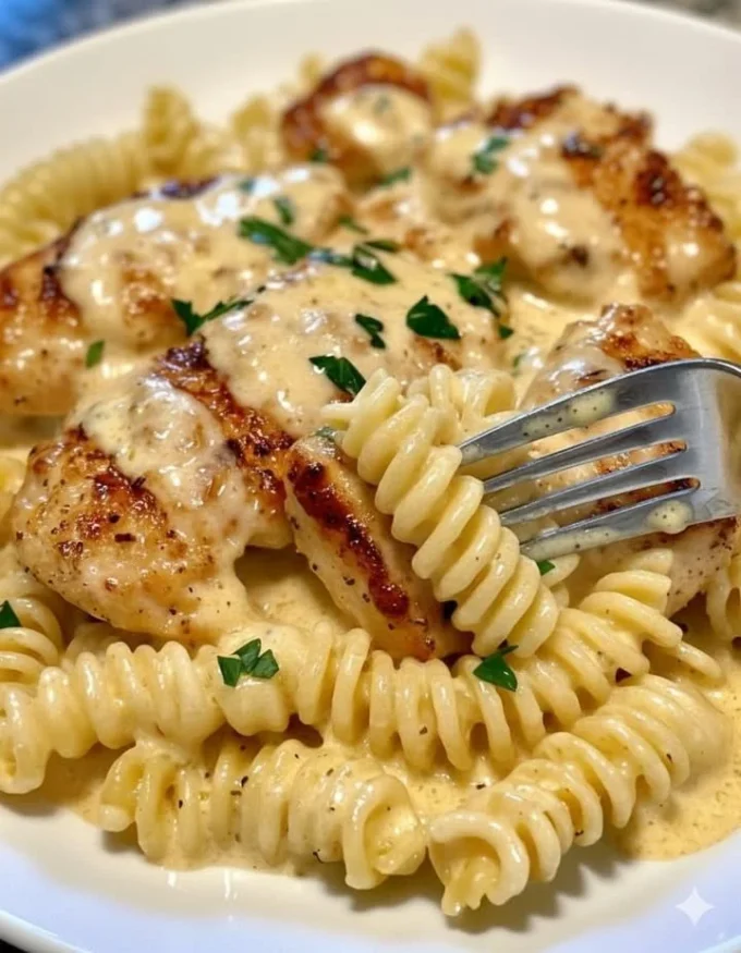 Creamy garlic butter chicken with rotini in parmesan sauce, garnished and ready to serve.