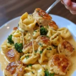 Creamy garlic parmesan tortellini dish with chicken and broccoli served in a bowl.