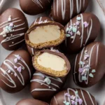 Delicious homemade Easter Egg Cheesecake topped with chocolate eggs and pastel decorations.