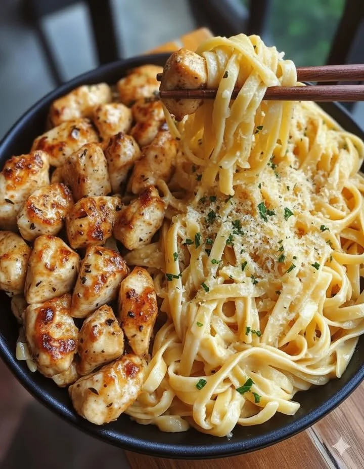 Garlic Butter Chicken Bites with Creamy Parmesan Fettuccine in a serving bowl