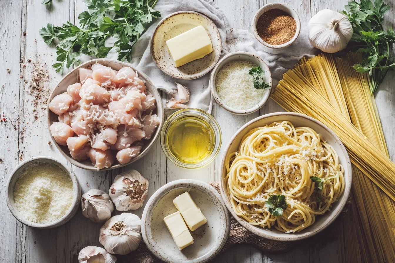 Garlic Butter Chicken Bites with Creamy Parmesan Spaghetti