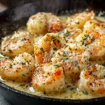Plate of Garlic Shrimp Pasta garnished with parsley and lemon slices