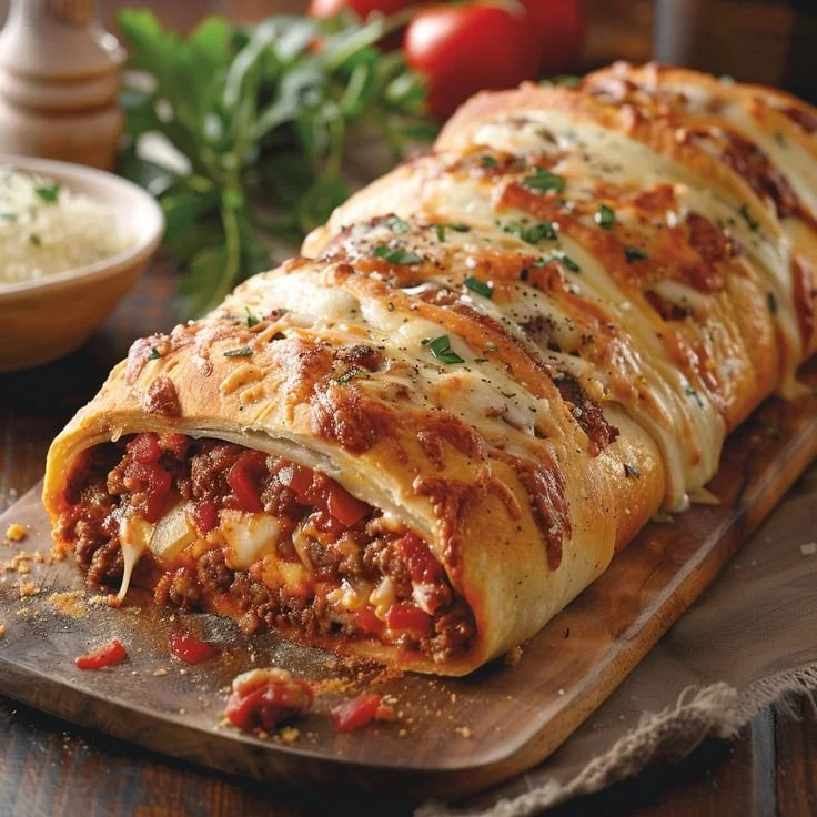 Homemade Italian Stromboli Bread stuffed with cheese and pepperoni.