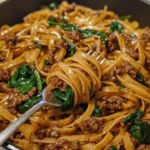 One-Pot Beef and Garlic Parmesan Spinach Pasta prepared in a skillet