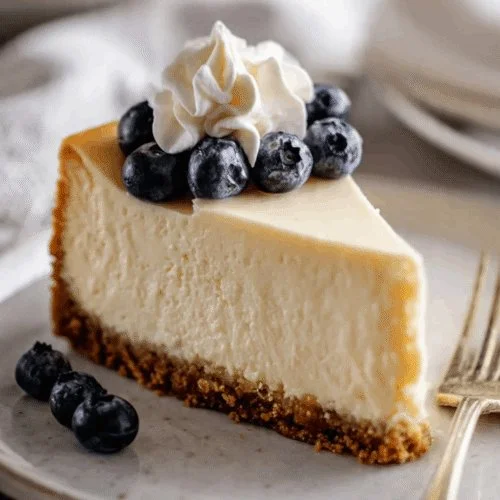 Slice of rich Vanilla Bean Cheesecake topped with berries on a white plate