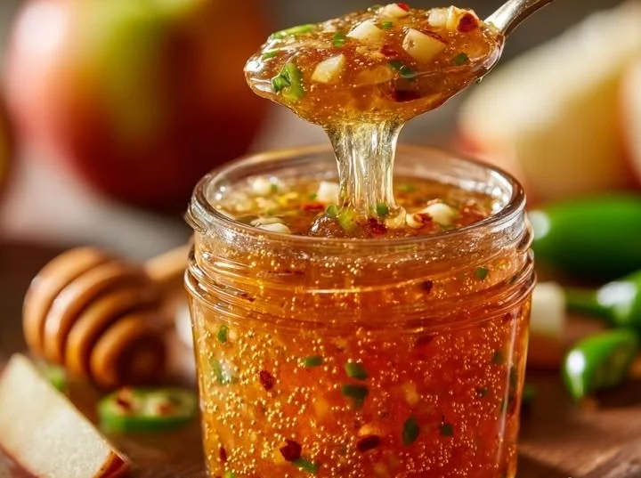 Jar of homemade Apple-Honey Jalapeño Pepper Jam with fresh jalapeños and apples