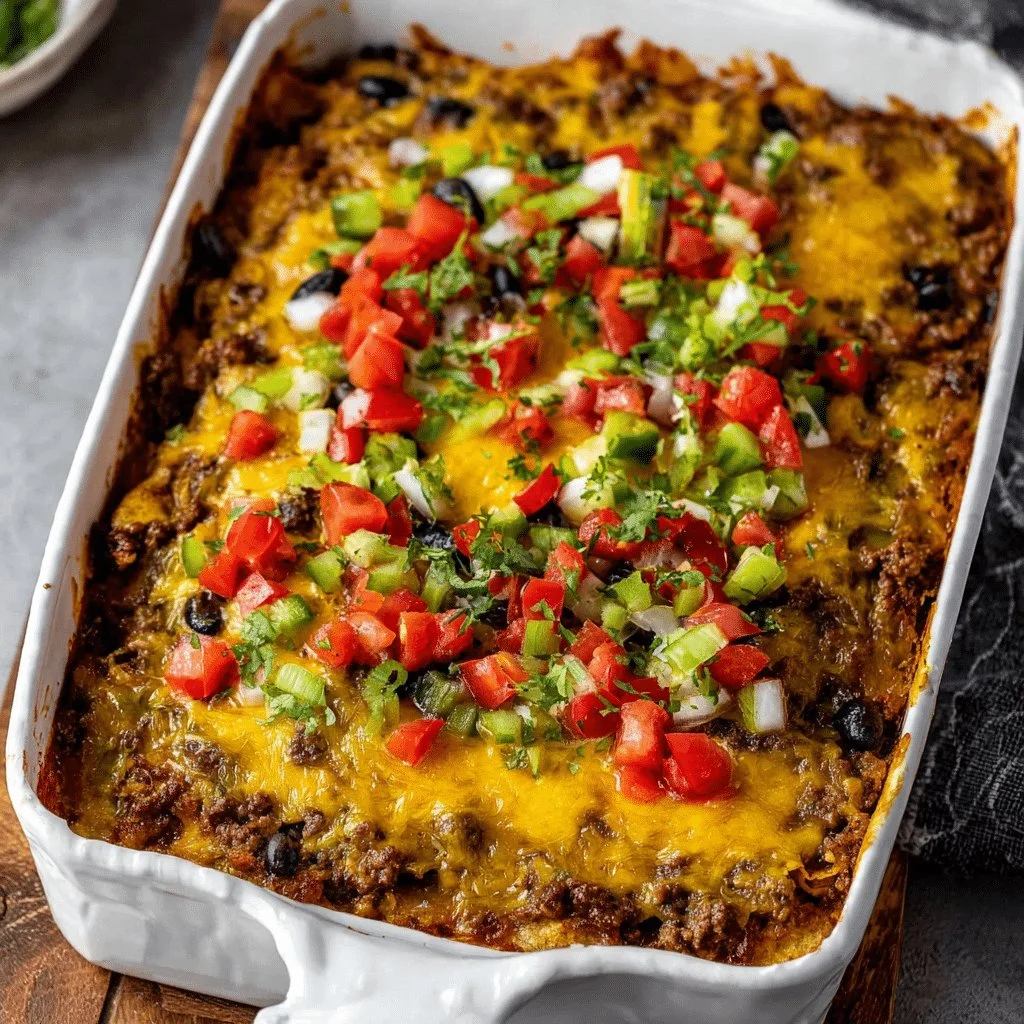 Delicious beef burrito casserole topped with cheese and fresh ingredients