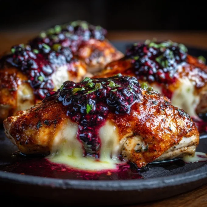 Plate of Chicken with Blackberry Sauce garnished with herbs and served with sides.