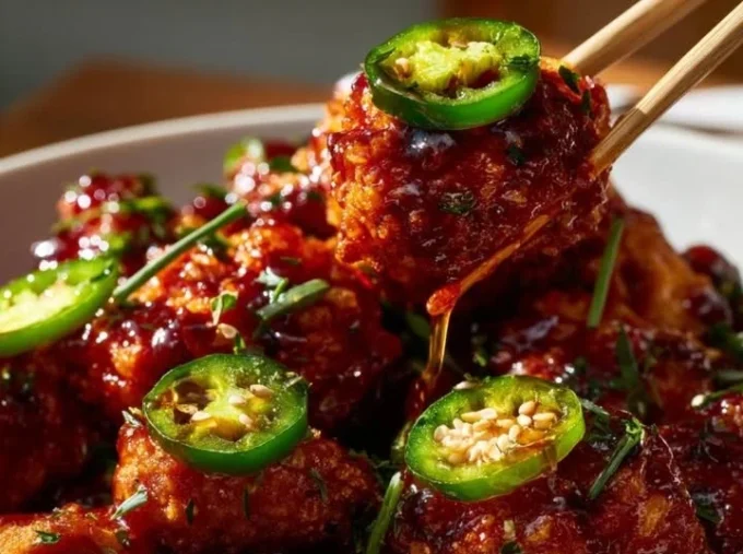 Crispy spicy jalapeño chicken served with dipping sauce on a plate.