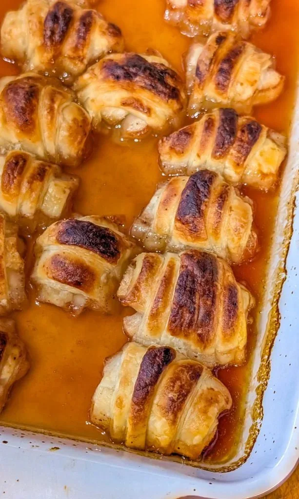 Delicious homemade Grandma's apple dumplings fresh from the oven.