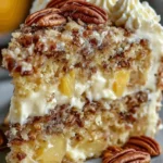 Delicious pineapple cake with cream cheese frosting on a rustic wooden table