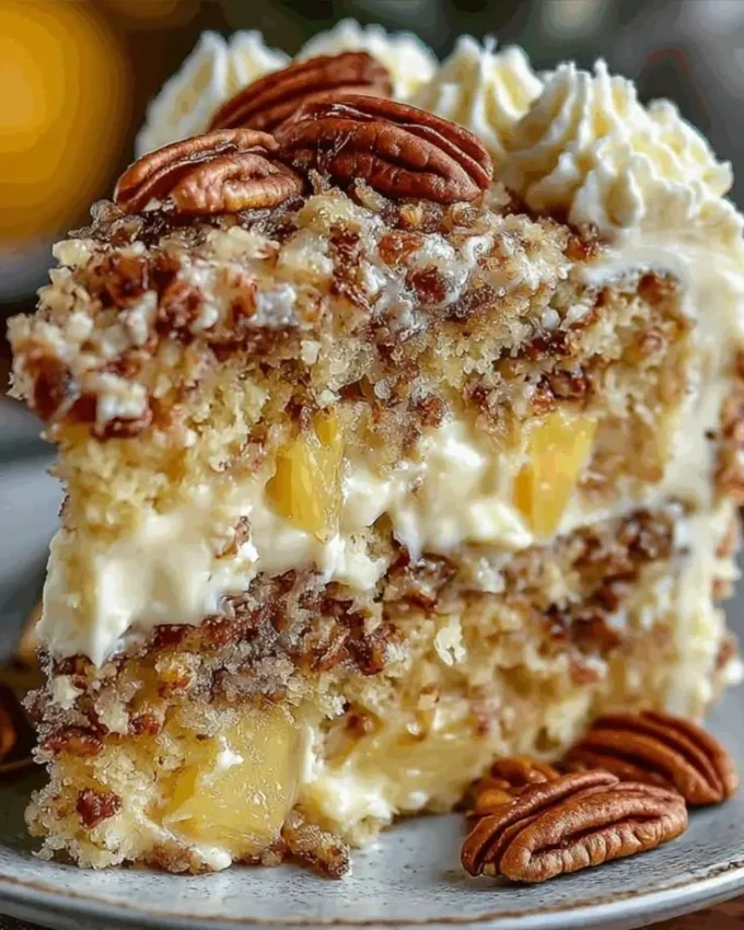 Delicious pineapple cake with cream cheese frosting on a rustic wooden table