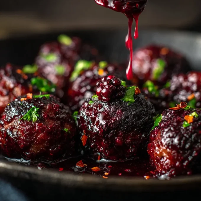 Plate of spicy and sweet blackberry chipotle meatballs garnished with cilantro