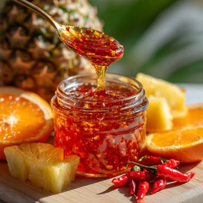 Homemade Sweet Chili Jam in a jar with fresh chili peppers.
