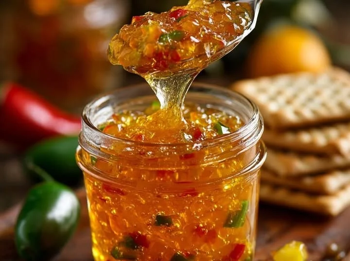 Jar of sweet heat pineapple jalapeño pepper jelly with visible pineapple chunks