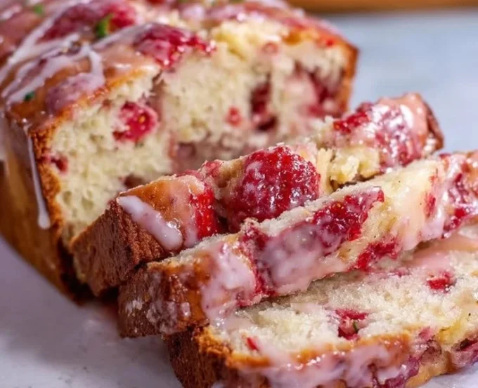 Glazed strawberry bread sliced on a wooden table with fresh strawberries