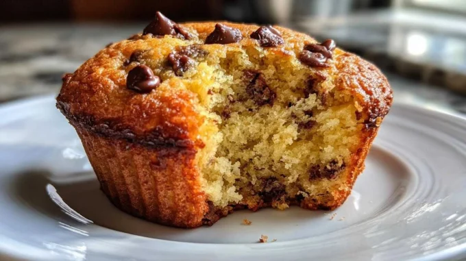Delicious homemade chocolate chip muffins on a rustic wooden table