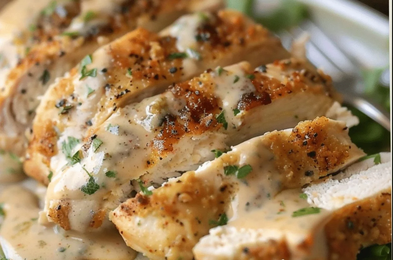 Melt in your mouth Caesar Chicken garnished with fresh herbs