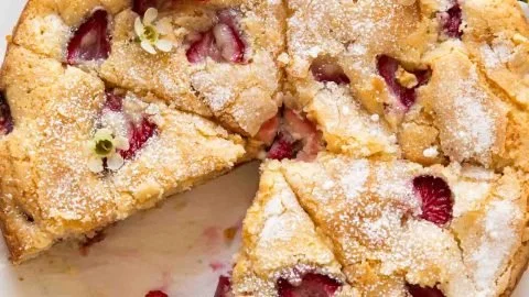 Delicious slice of the BEST French Strawberry Cake with fresh strawberries