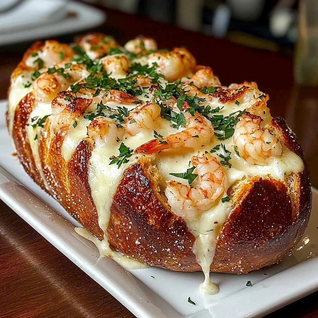 Crab and shrimp stuffed garlic bread bombs with melted cheese and herbs