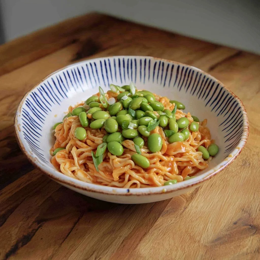 Fiery Edamame Noodles topped with fresh vegetables and spices
