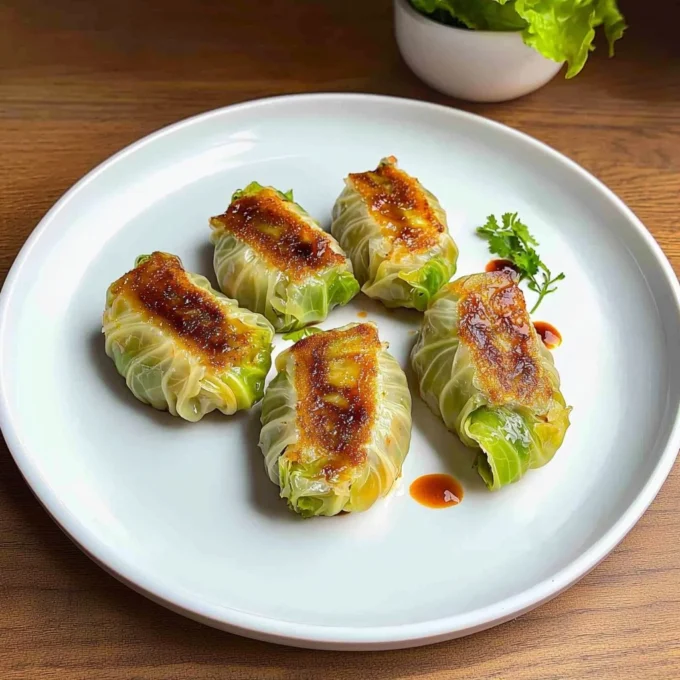 Plate of savory cabbage dumplings garnished with herbs