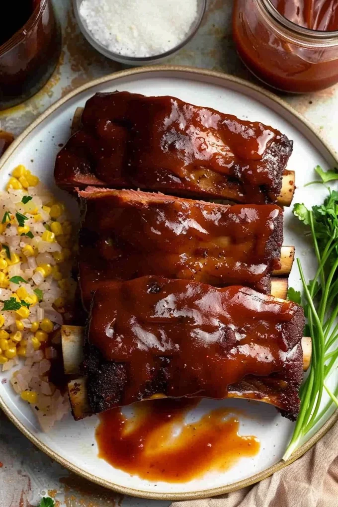 Deliciously grilled barbecue beef ribs served on a wooden platter.
