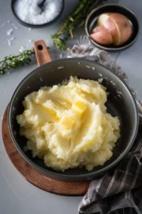 Bowl of classic mashed potatoes with butter and herbs