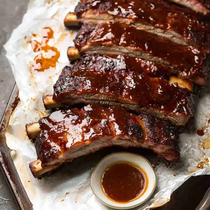Oven-baked pork ribs glazed with barbecue sauce on a plate